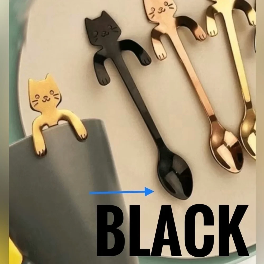 Cat Spoons Tea Spoons Stirrers Cup Hugging Kitty Cats Stainless Black 2 PC Set